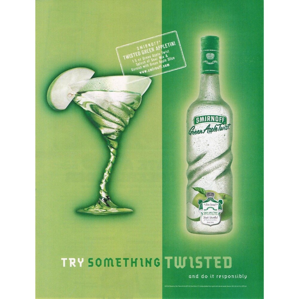 2002 Smirnoff Green Apple Twist Vodka Print Ad Try Something Twisted appletini